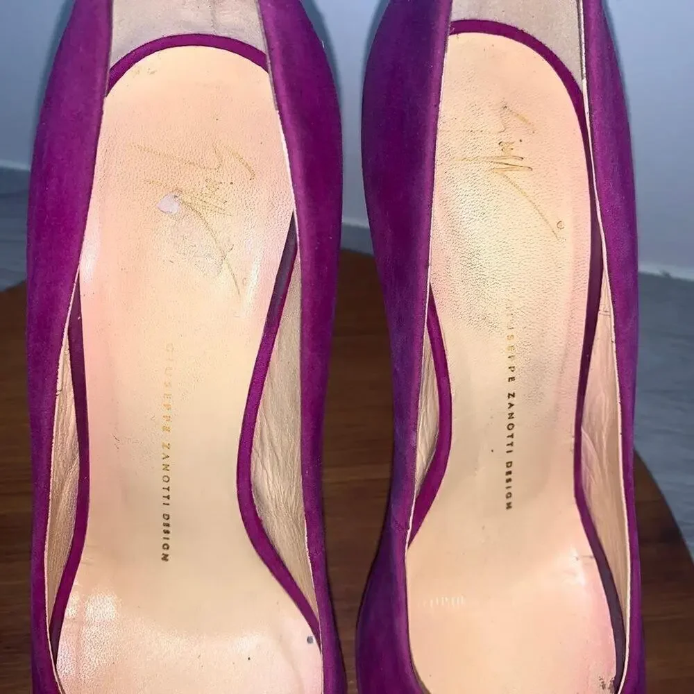 Giuseppe Zanotti SHARON Platform Peep Toe Suede Purple Clover Pump Heels Sz 38.5